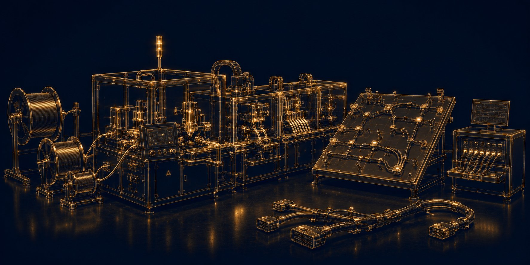 Kabelkonfektion in der Mainstar-Fertigung — Wireframe-Illustration mit Laserlöt-Anlage, Crimpzelle, Verlegebrett und Prüfstand