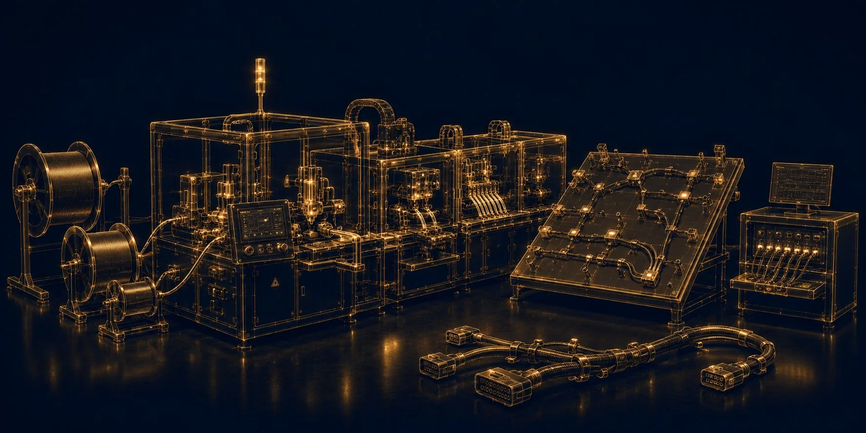 Kabelkonfektion in der Mainstar-Fertigung — Wireframe-Illustration mit Laserlöt-Anlage, Crimpzelle, Verlegebrett und Prüfstand